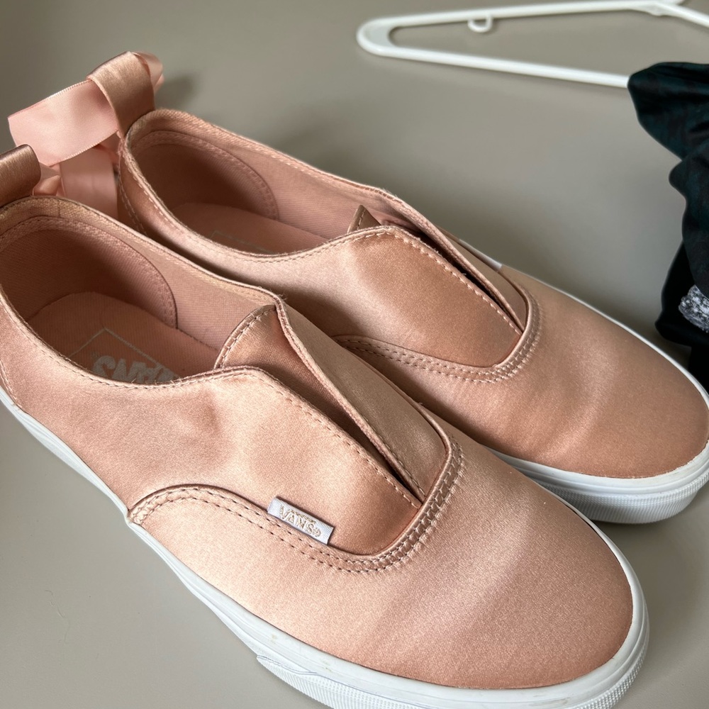 Light pink slip on Vans with ankle wrap ties